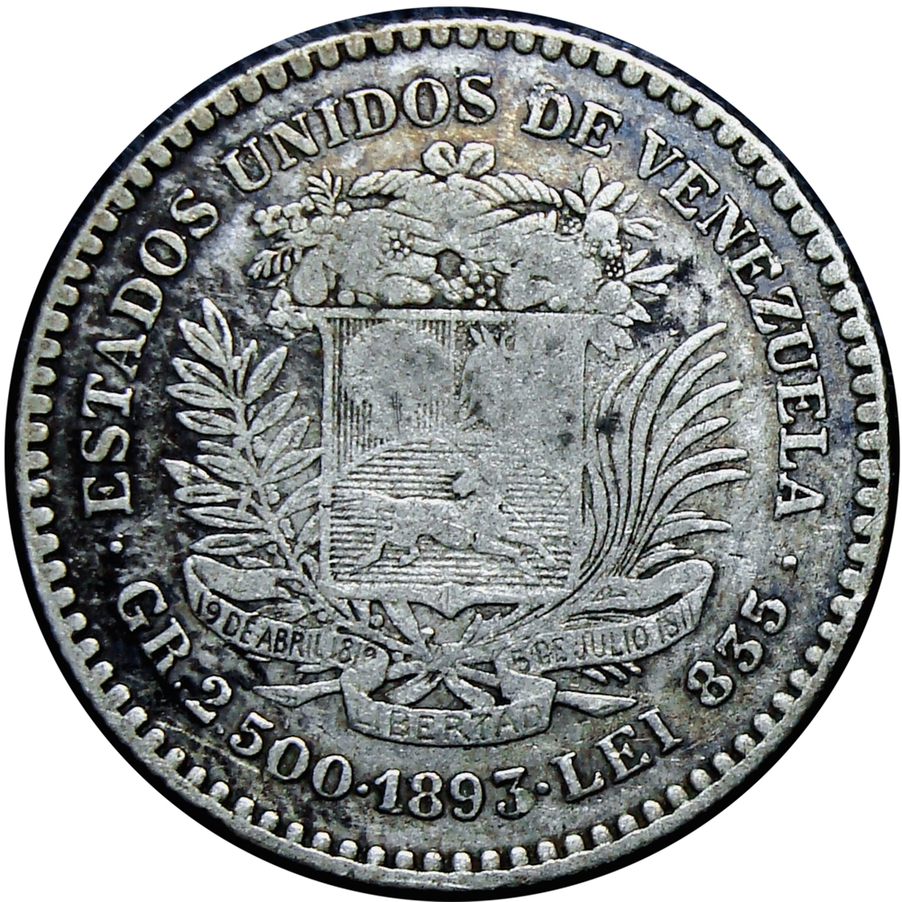 Real 50 Céntimos 1893 Fecha Angosta Moneda de Plata ½ Bolívar  - Numisfila
