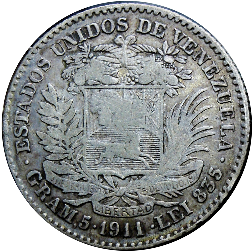 Moneda de Plata 1 Bolívar 1911 - 1er 1 y 9 Cercanos  - Numisfila