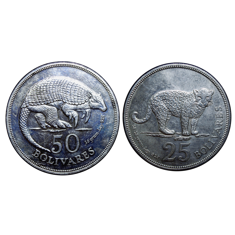Cachicamo y Jaguar 1975 Monedas 50 y 25 Bolívares - Pareja de Fauna - Numisfila