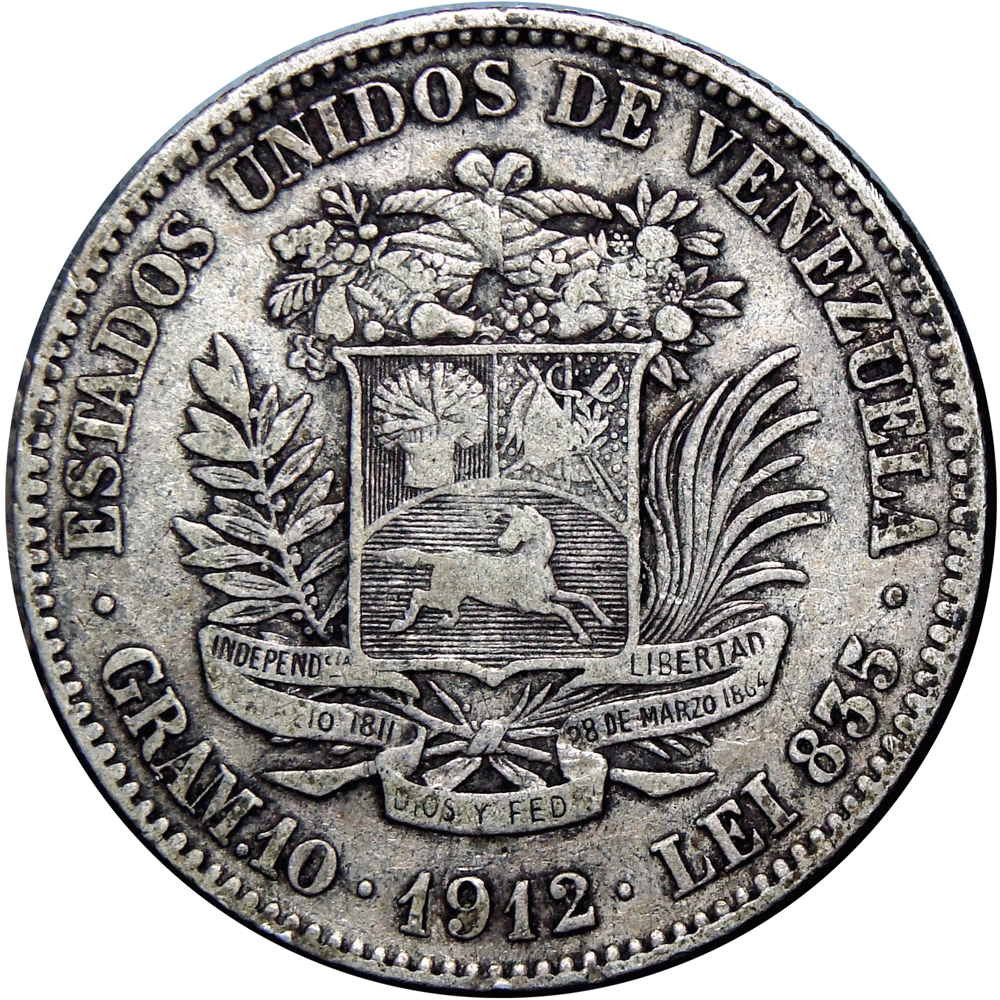 Moneda de Plata 2 Bolívares 1912 Fecha Angosta - Numisfila