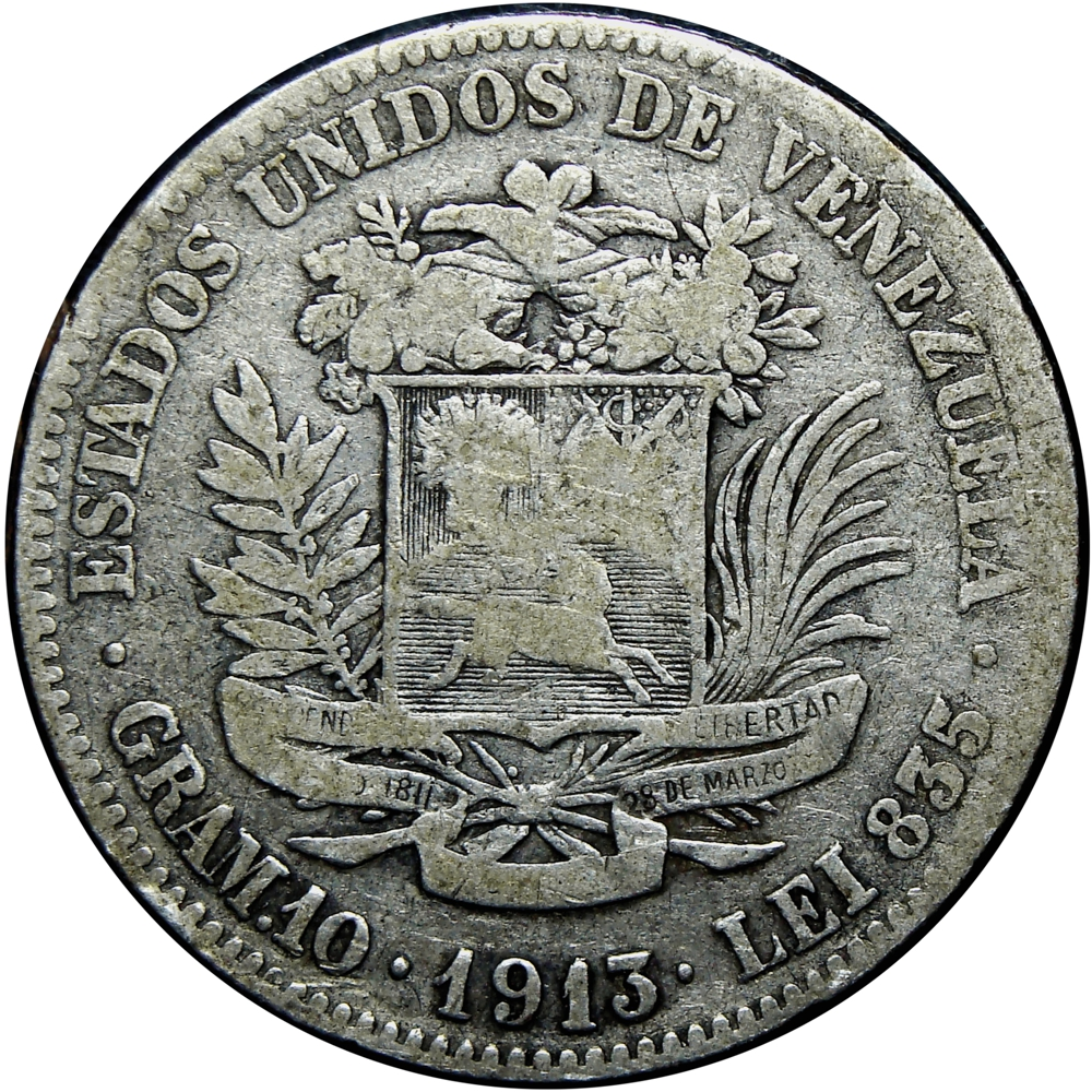 Moneda de Plata 2 Bolívares 1913 Variante 3 Alto - Numisfila