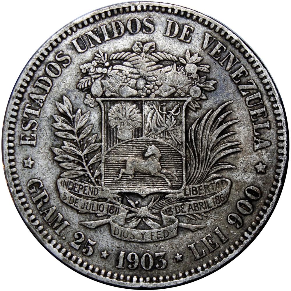 Fuerte de Plata Moneda 5 Bolívares 1903 - Numisfila