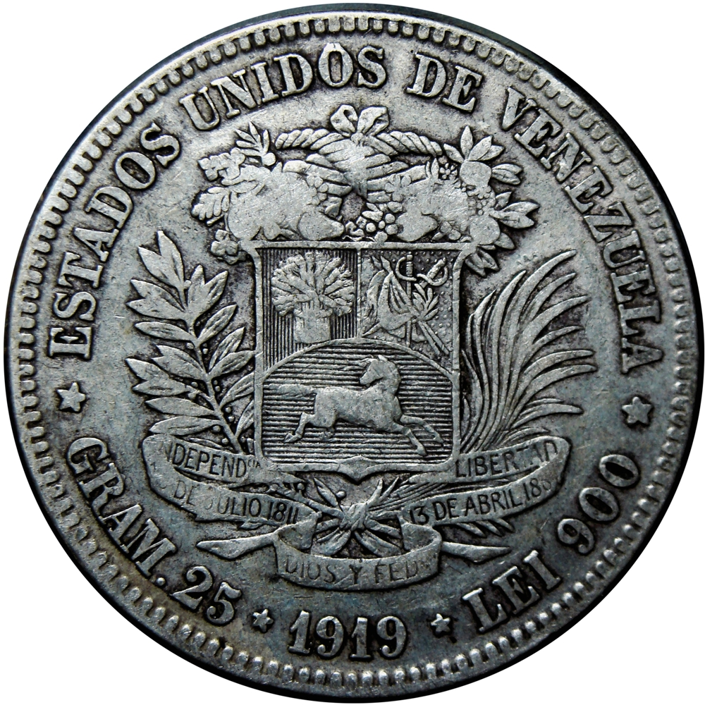 Fuerte Moneda de Plata 5 Bolívares 1919 - Numisfila
