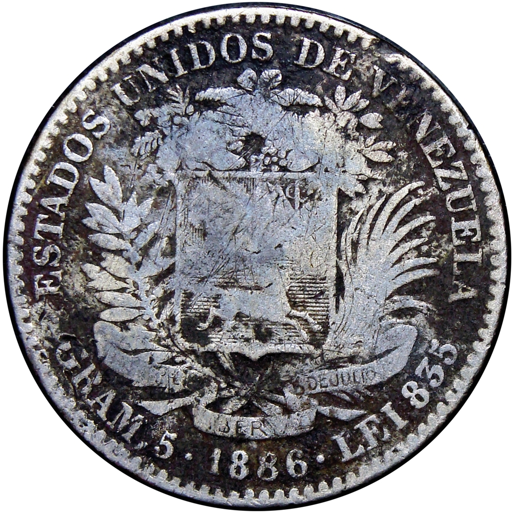 Moneda de Plata 1 Bolívar 1886 Fecha Ancha - Numisfila