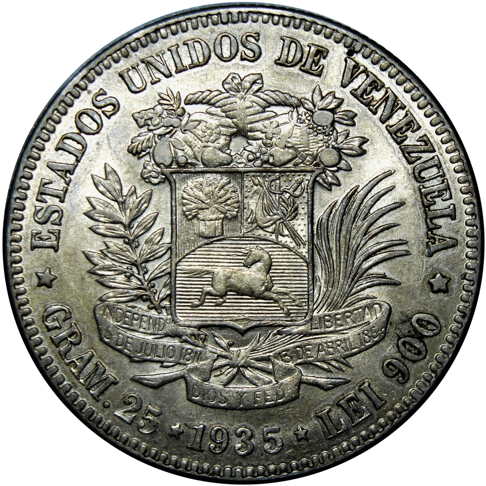 Moneda de Plata 5 Bolívares 1935 - Popularmente Fuerte - Numisfila