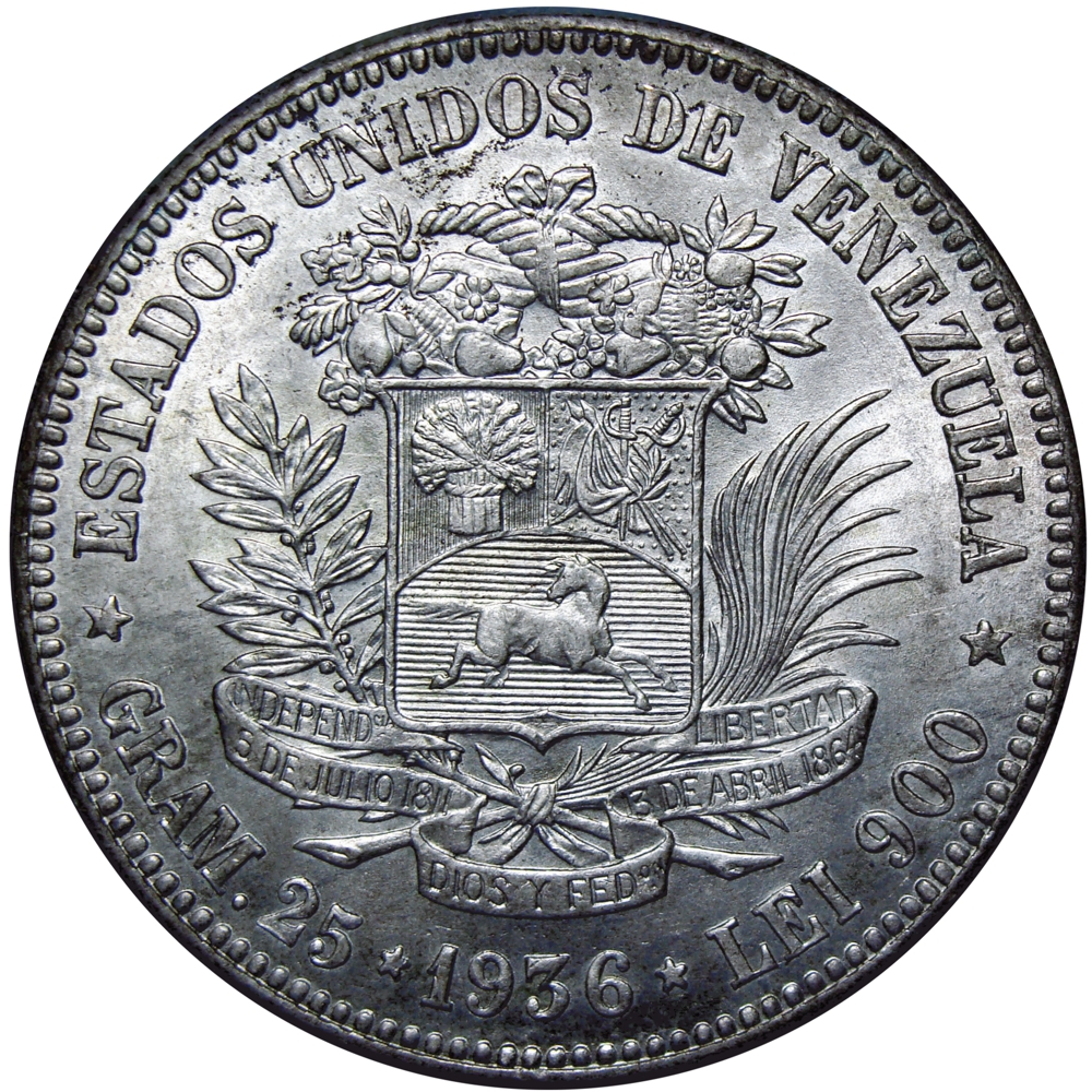 Fuerte Moneda de Plata 5 Bolívares 1936 Fecha Ancha - Numisfila