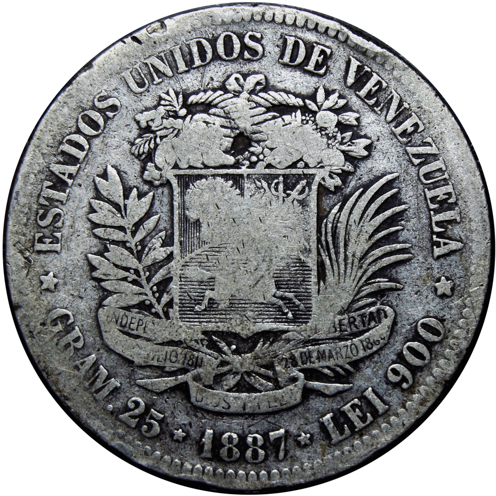 Fuerte Moneda de Plata 5 Bolívares 1887 - Numisfila