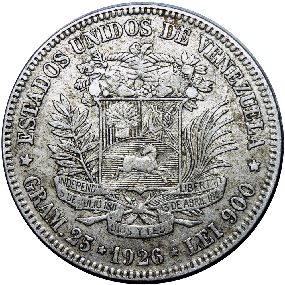 Fuerte Moneda de Plata 5 Bolívares 1926 Fecha Ancha "6" Alto - Numisfila
