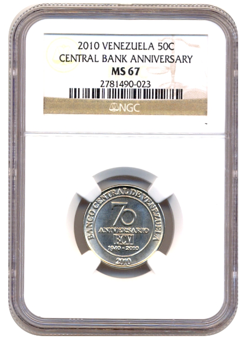 Moneda 50 Céntimos 2010 NGC MS 67 Aniversario 70 del BCV  - Numisfila