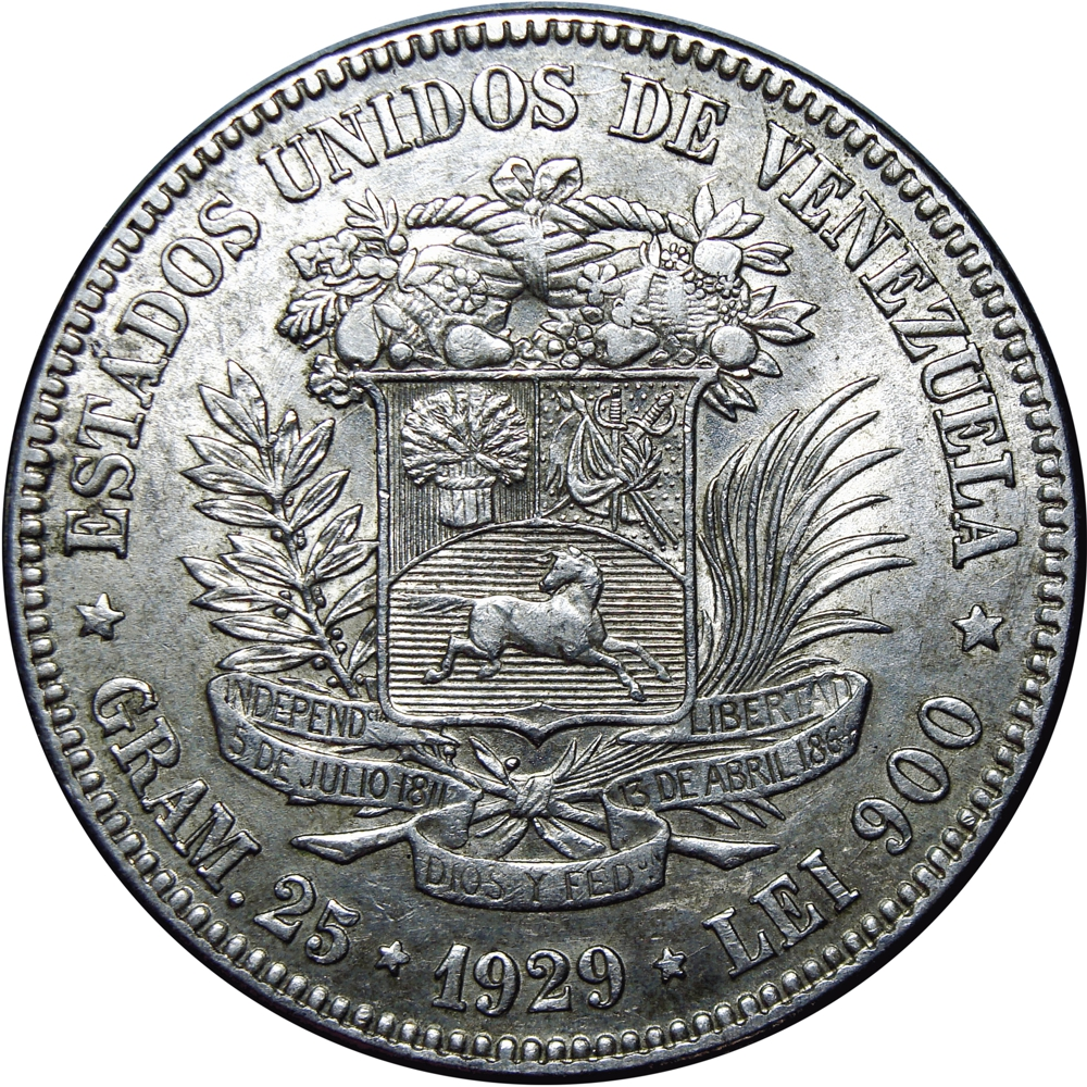 Fuerte Moneda de Plata 5 Bolívares 1929  - Numisfila