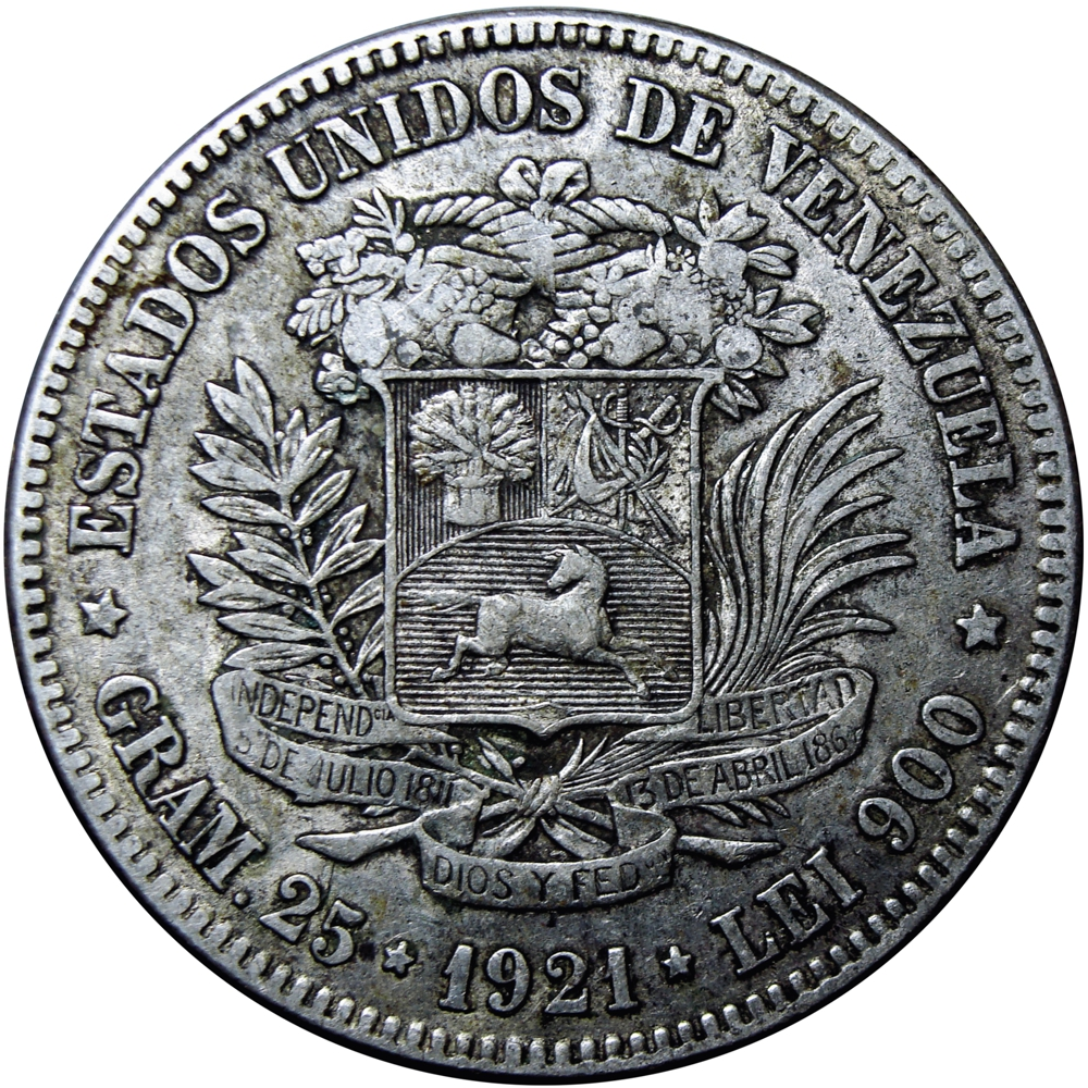 Fuerte Moneda de Plata 5 Bolívares 1921 Fecha Angosta - Numisfila