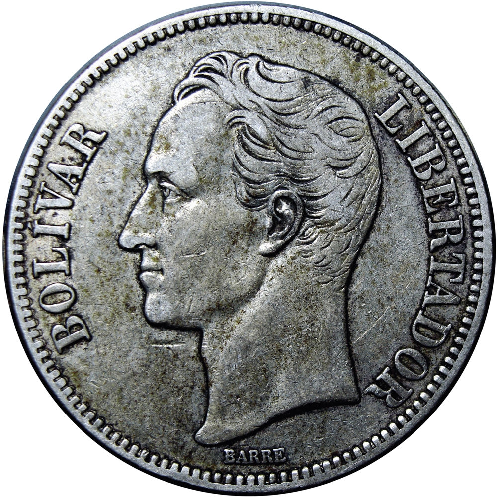 Fuerte Moneda de Plata 5 Bolívares 1921 Fecha Angosta  - Numisfila