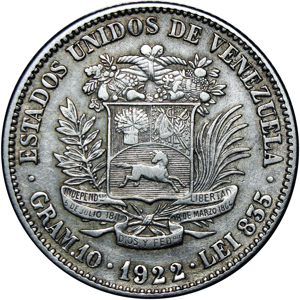 Moneda de Plata 2 Bolívares 1922 Fecha Abierta y Último 2 Alto - Numisfila