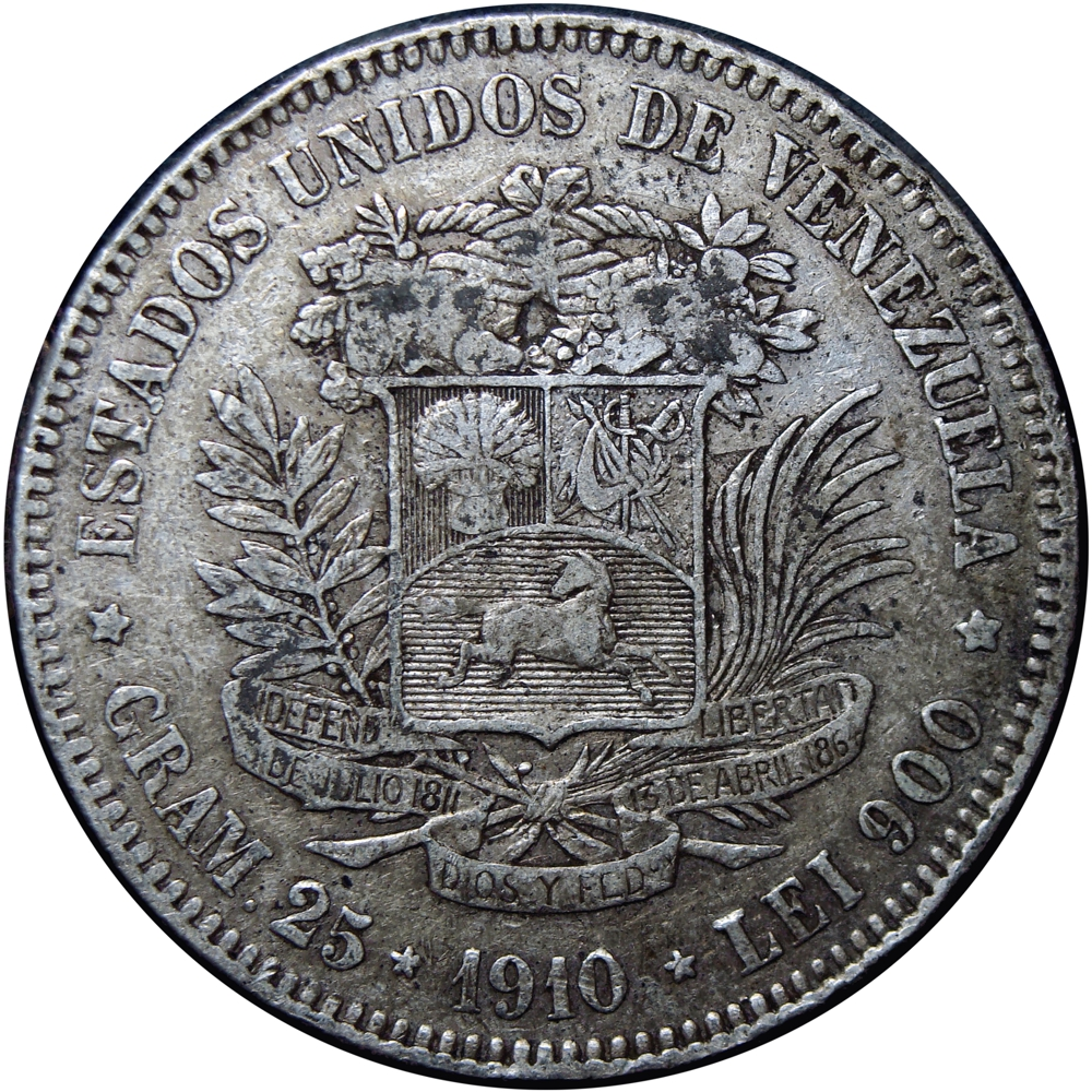 Fuerte Moneda de Plata 5 Bolívares 1910 Variante Cero "0" Ovalado - Numisfila