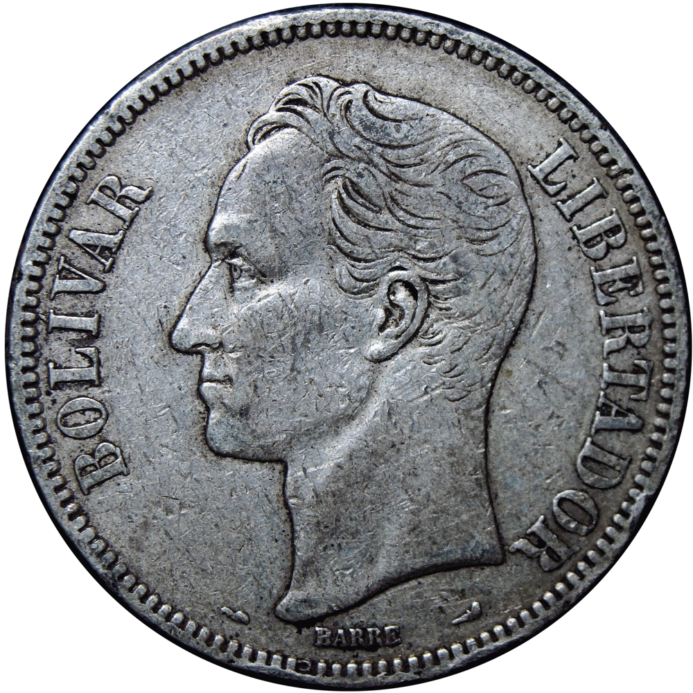 Fuerte Moneda de Plata 5 Bolívares 1910 Variante Cero "0" Ovalado  - Numisfila