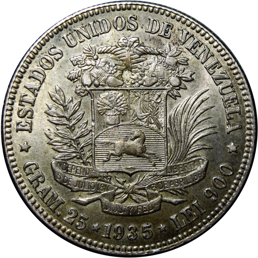Hermoso Fuerte Moneda de Plata 5 Bolívares 1935 - Numisfila