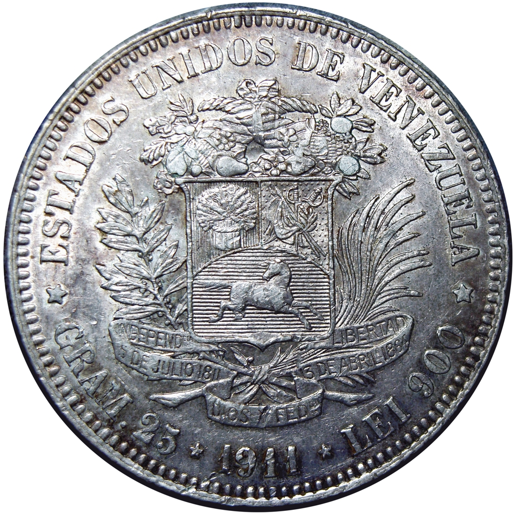 Fuerte Moneda de Plata 5 Bolívares 1911 Fecha Ancha - Numisfila