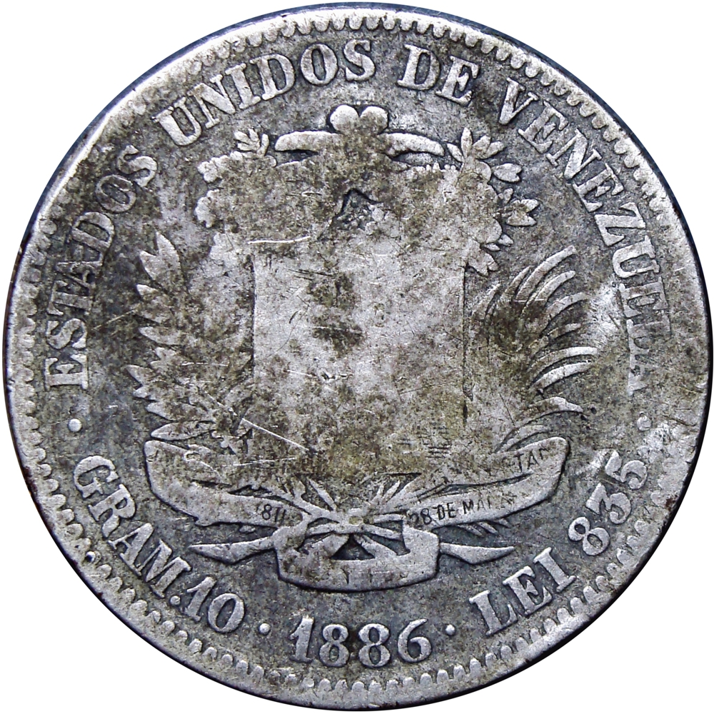 Moneda de Plata 2 Bolívares 1886 Variante 6 Abierto - Numisfila