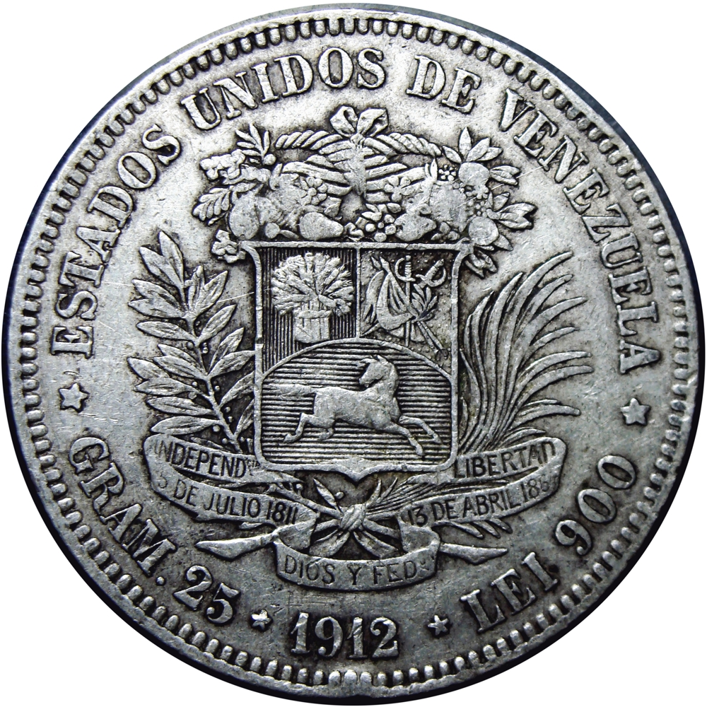 Fuerte Moneda de Plata 5 Bolívares 1912 - Fecha Normal - Numisfila