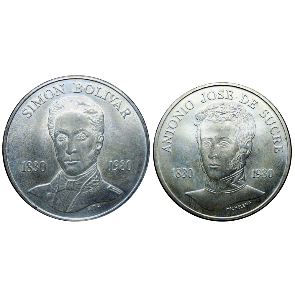 Pareja Bolívar y Sucre 1980 Monedas de Plata 100 y 75 Bolívares - Numisfila
