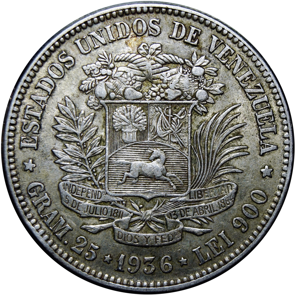Fuerte Moneda de Plata 5 Bolívares 1936 Fecha Ancha - Numisfila