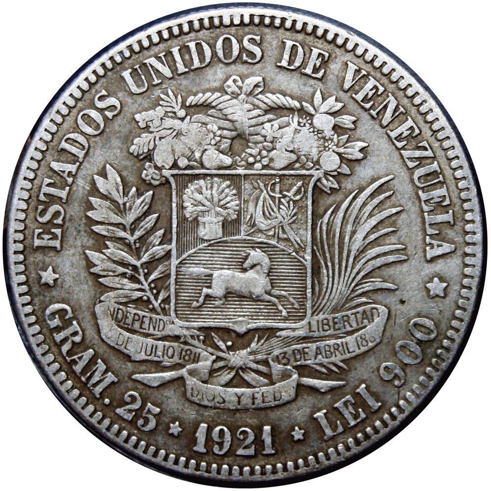 Fuerte Moneda de Plata 5 Bolívares 1921 Fecha Angosta - Numisfila