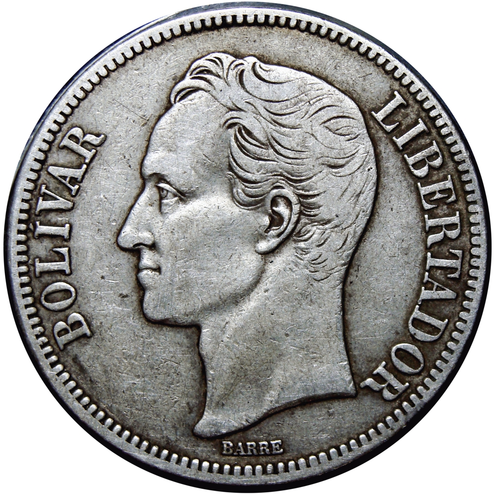 Fuerte Moneda de Plata 5 Bolívares 1921 Fecha Angosta  - Numisfila