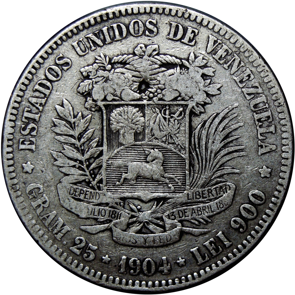 Fuerte Moneda de Plata 5 Bolívares 1904  - Numisfila