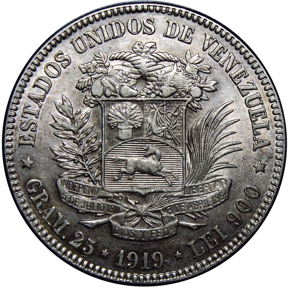 Excelente Fuerte Moneda de Plata 5 Bolívares 1919 - Numisfila