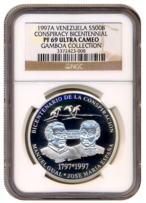 Gual y España Moneda de Plata 500 Bolívares 1997 NGC PF 69 Ultra Cameo - Numisfila