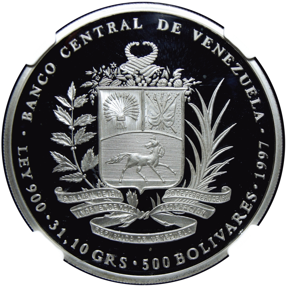 Gual y España Moneda de Plata 500 Bolívares 1997 NGC PF 69 Ultra Cameo  - Numisfila