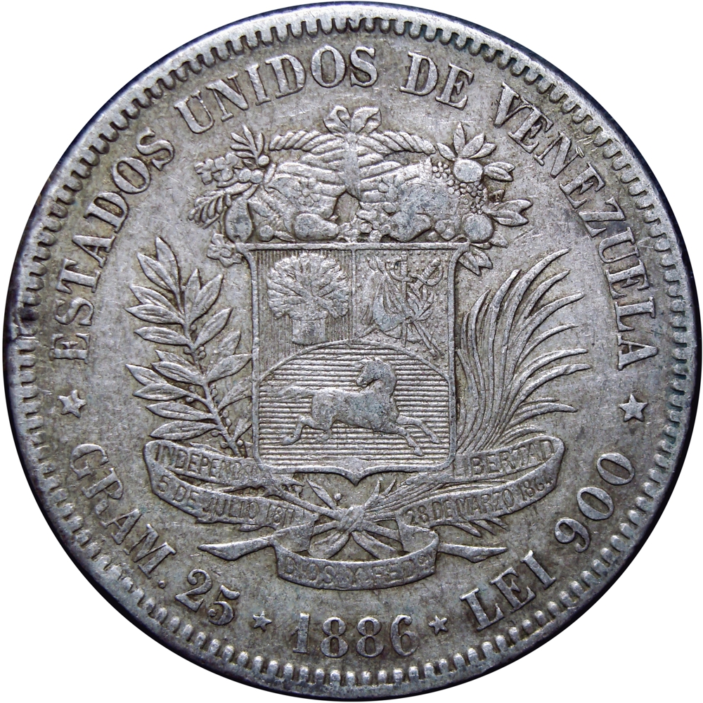 Fuerte Moneda de Plata 5 Bolívares 1886 Fecha Normal - Numisfila
