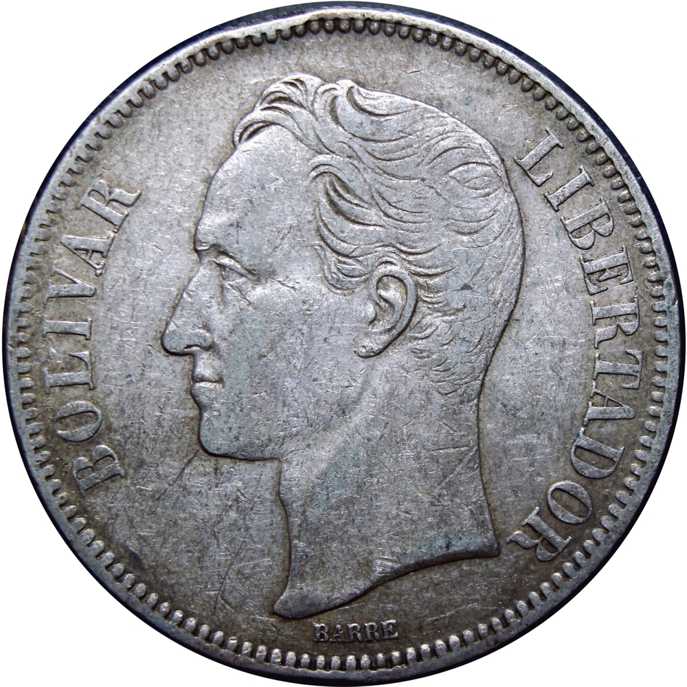 Fuerte Moneda de Plata 5 Bolívares 1886 Fecha Normal  - Numisfila