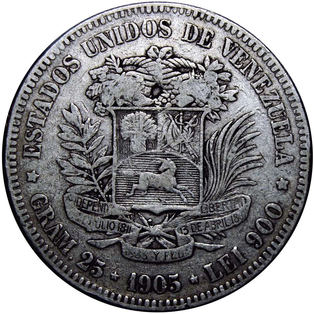 Venezuela Moneda de Plata 5 Bolívares - Fuerte 1905 - Numisfila