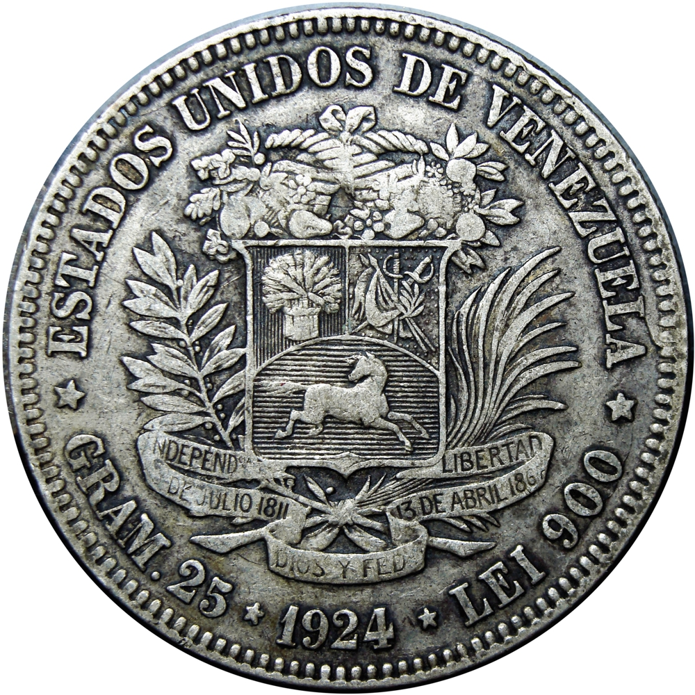 Fuerte Moneda de Plata 5 Bolívares 1924 Fecha Ancha - Numisfila