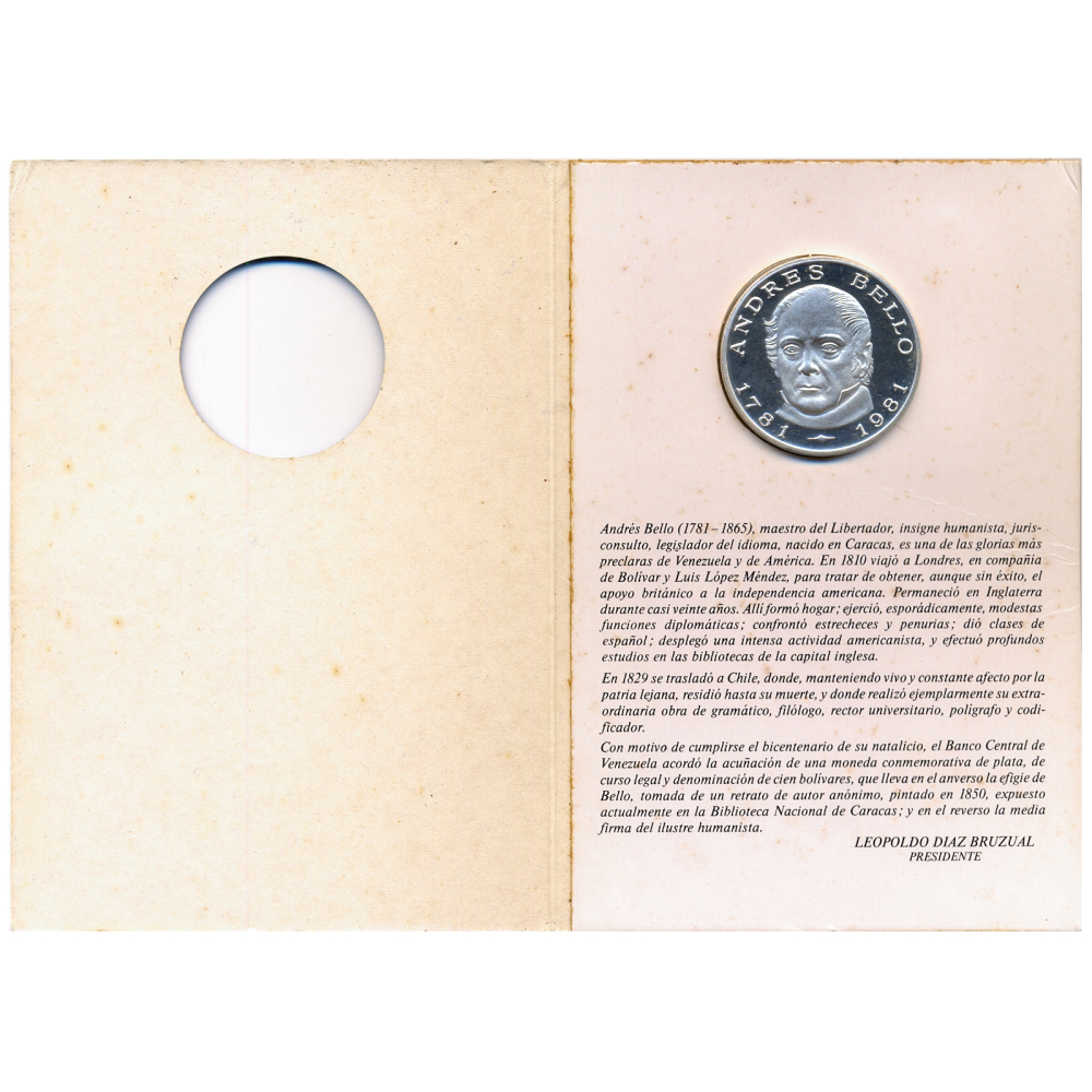Andrés Bello Moneda de Plata 100 Bolívares 1981 Bicentenario en Estuche Original  - Numisfila