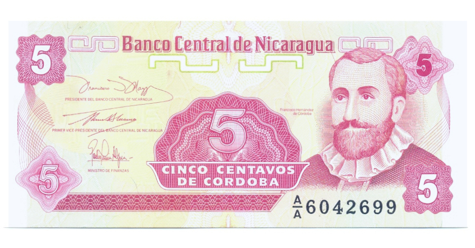 Billete Nicaragua 5 Centavos de Cordoba 1991 Francisco Hernández de Córdoba  - Numisfila