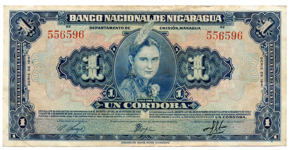 Billete Nicaragua Un Córdoba 1941 Joven Mujer - Numisfila
