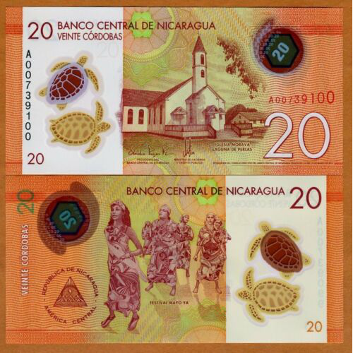 Billete Plastico Nicaragua 20 Cordobas 2015 Tortugas marinas  - Numisfila