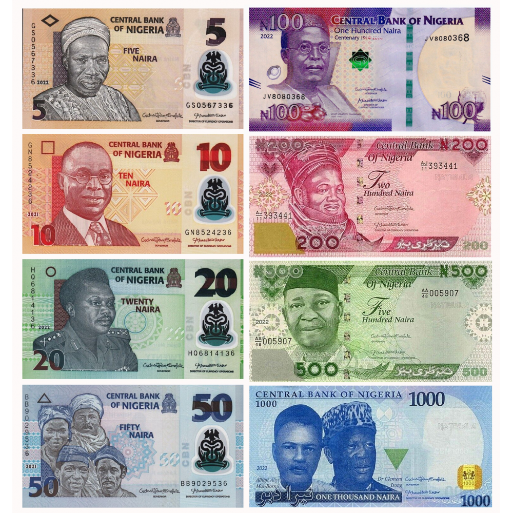 Set 8 Billetes Nigeria 5,10,20,50,100, 200,500 y 1.000 Nairas 2021-2022  - Numisfila