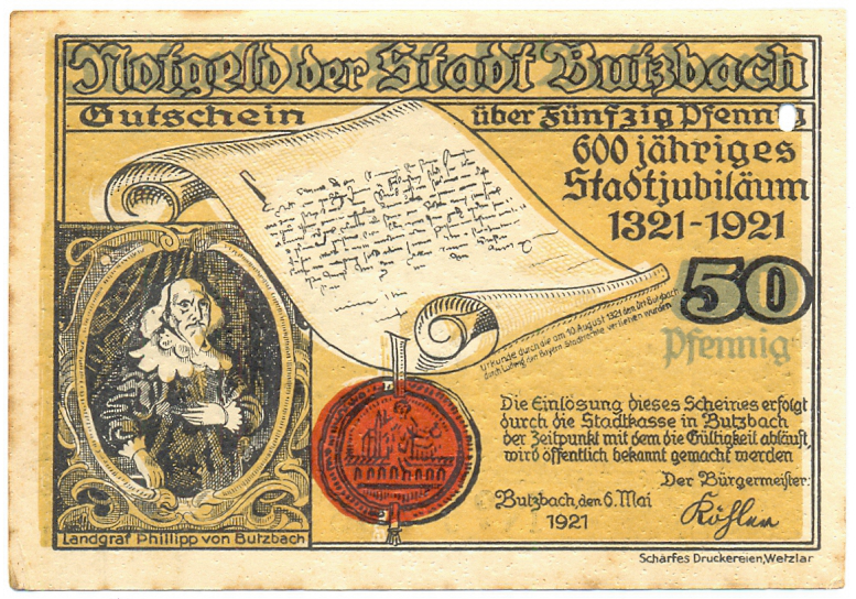 Notgeld Alemania Cdad Butzbach 50 Pfennig 1921 Marganánimo - Numisfila