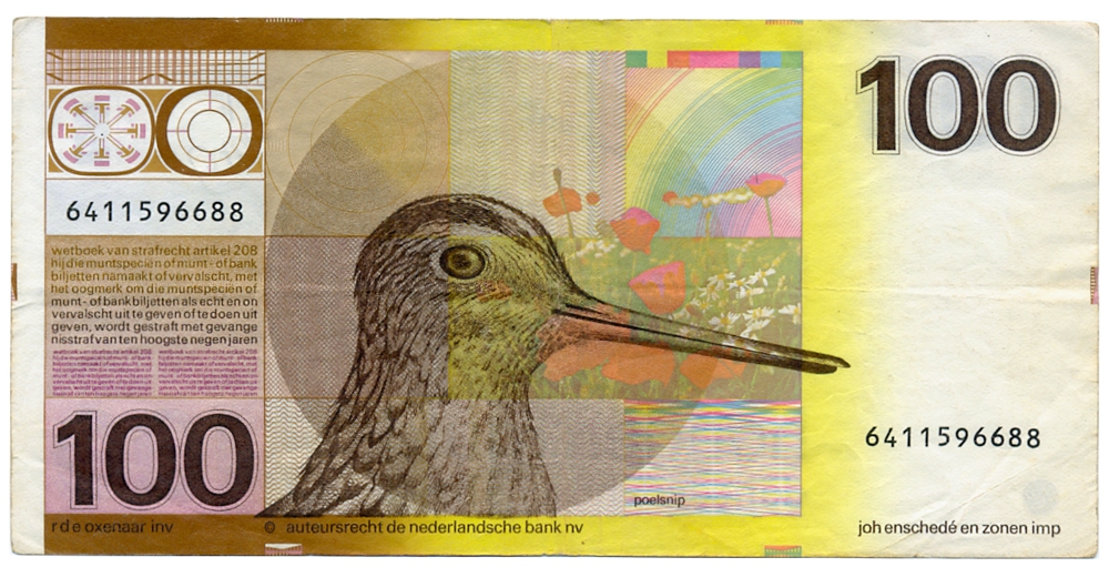 Billete Países Bajos 100 Gulden 1977 -  Ave Agachadiza común  - Numisfila