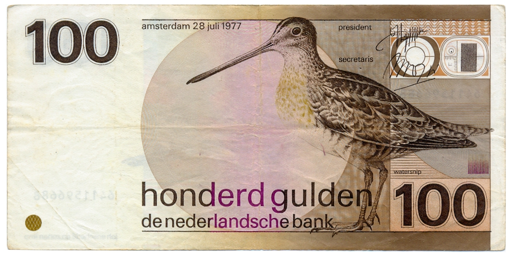 Billete Países Bajos 100 Gulden 1977 -  Ave Agachadiza común   - Numisfila