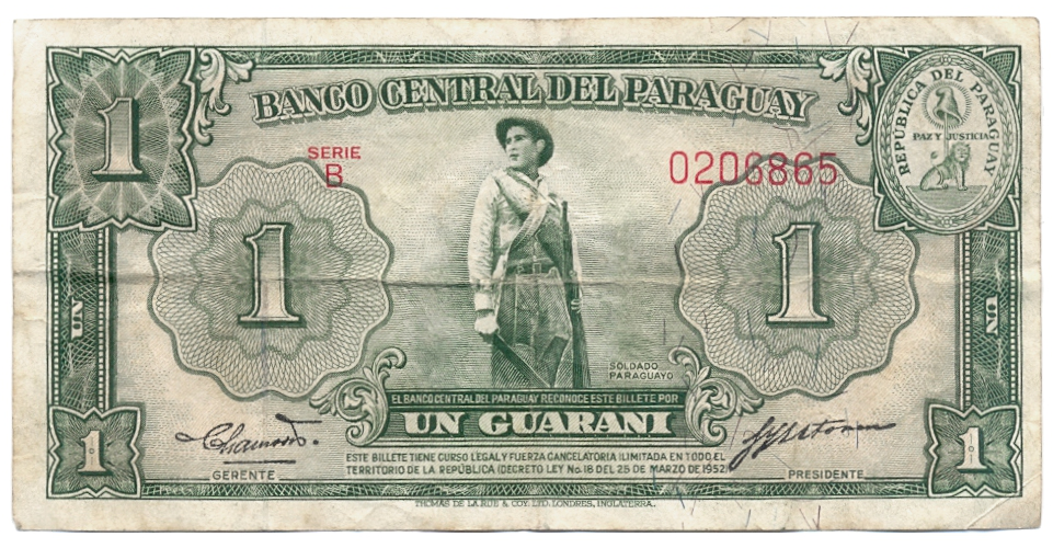 Billete Paraguay 1 Guarani 1952  - Numisfila
