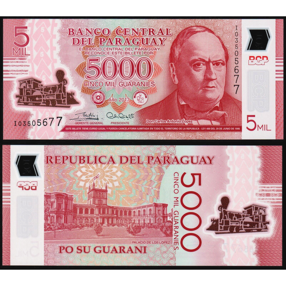 Billete Plástico Paraguay 5000 Guaraníes 2017-18 Dr. Carlos Antonio López  - Numisfila