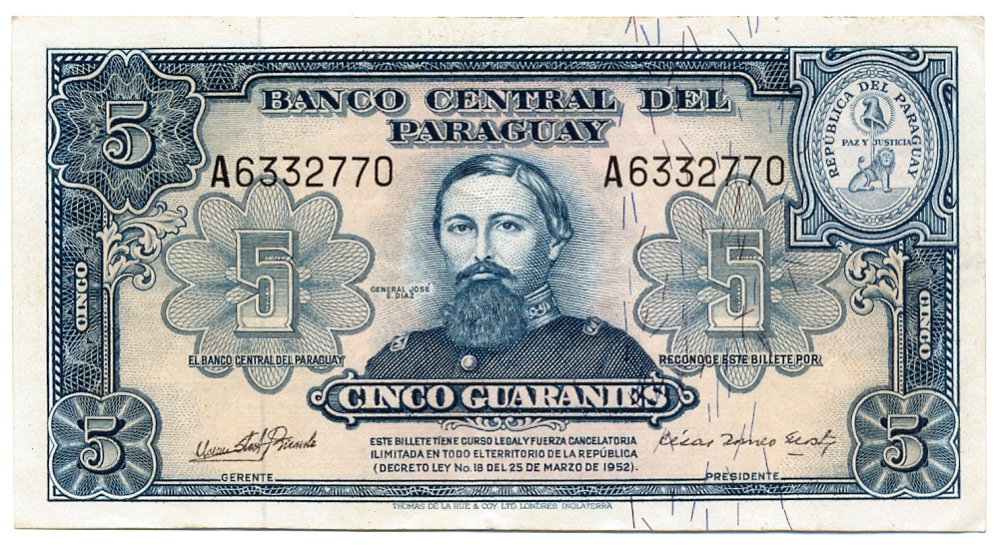 Billete Paraguay 5 Guaranies 1952 Díaz Vera - Numisfila