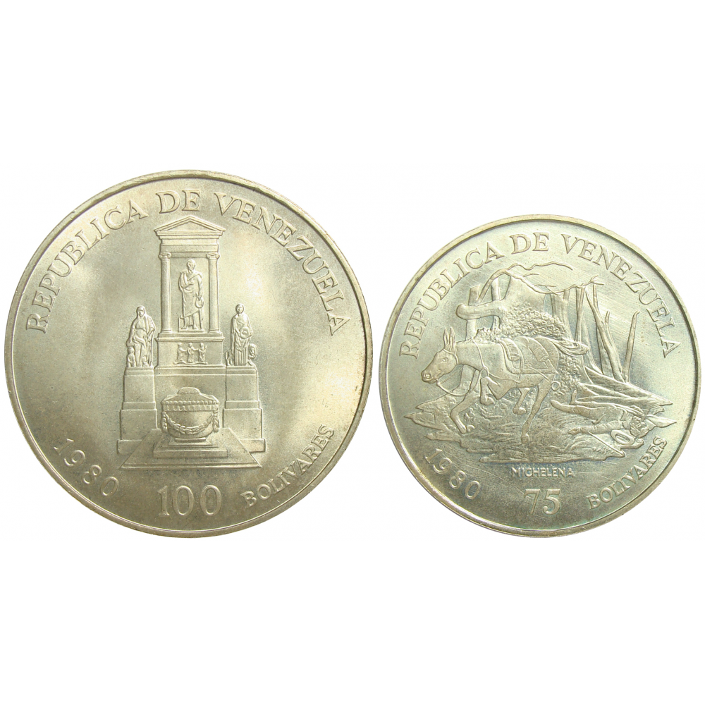 Pareja Monedas Bolívar y Sucre: 100 y 75 Bolívares 1980  - Numisfila