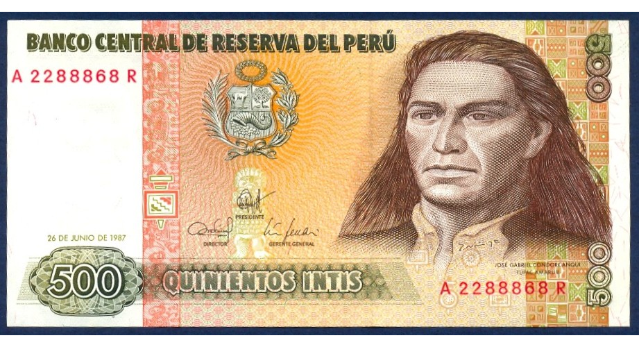 Billete Peru 500 Intis 1987 Túpac Amaru - Numisfila