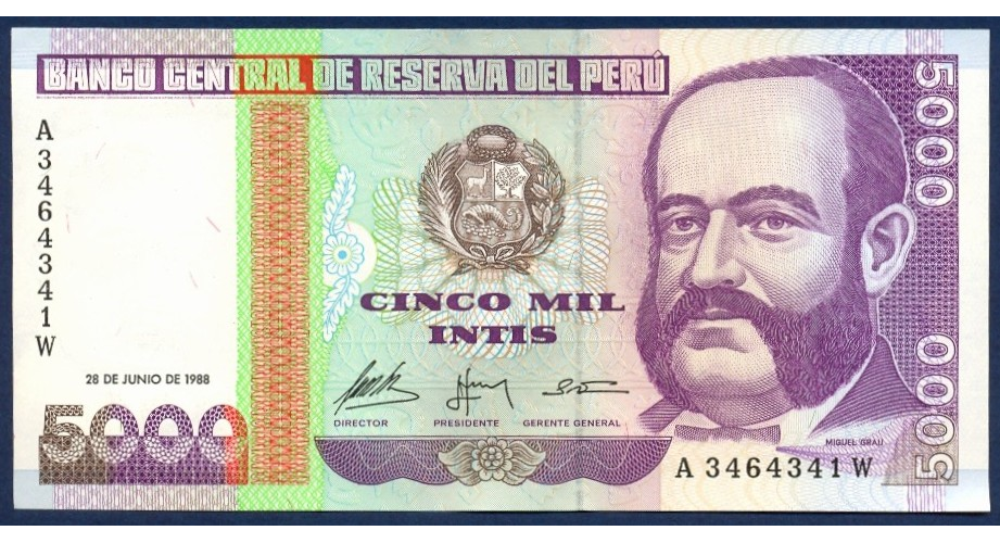 Billete Peru 5000 Intis 1988 Miguel Grau Seminario - Numisfila