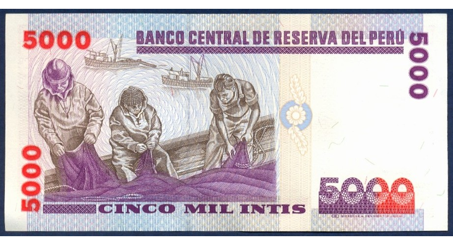 Billete Peru 5000 Intis 1988 Miguel Grau Seminario  - Numisfila